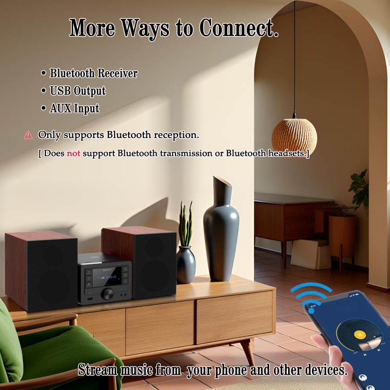WISCENT Bluetooth Stereo System 40W for Home, CD Player with Wireless Streaming, MP3/USB/Audio in/FM Radio, Powerful Home Audio Sound System - Image 5