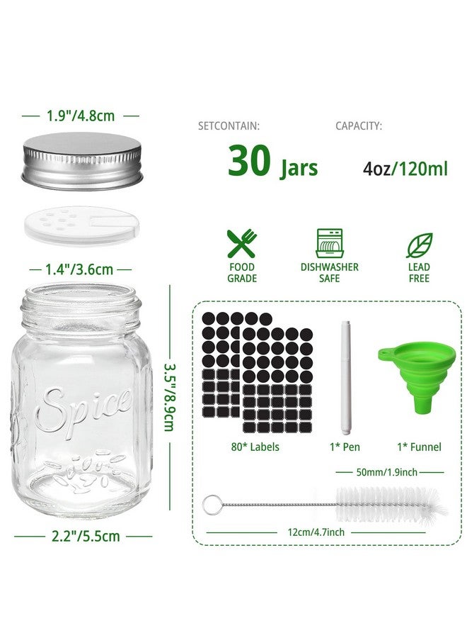 CycleMore 30 Pack 4oz Glass Mason Spice Jars, Round Spice Containers with Silver Metal Caps and Pour/Sift Shaker Lids-80pcs Labels,1 Silicone Collapsible Funnel,1 Brush and 1pcs Pen Included - Image 1