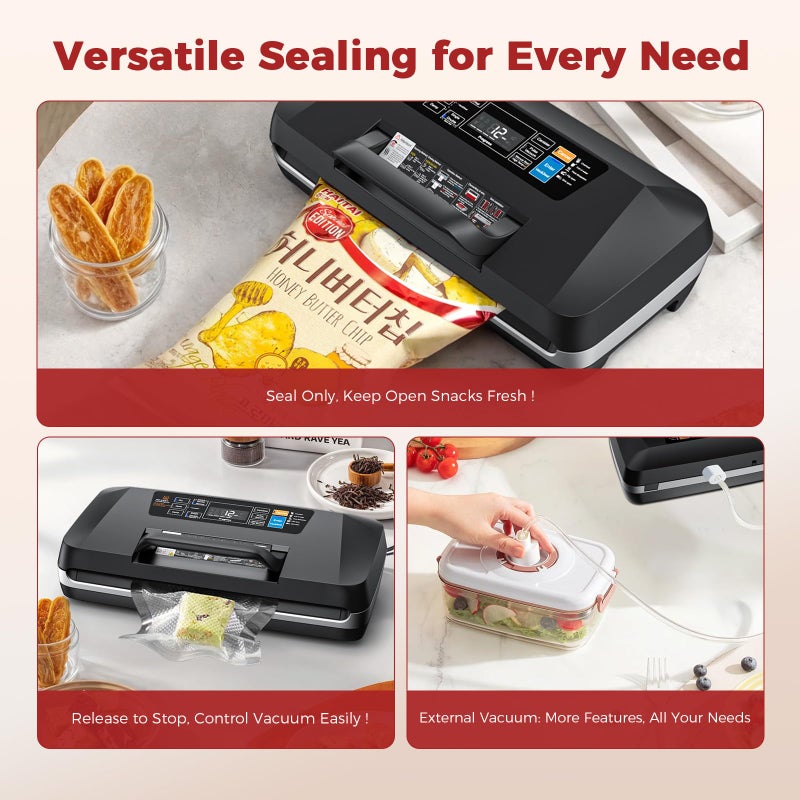 ROUUO Commercial 95kPa Food Vacuum Sealer Machine | Automatic 10-in-1 Food Sealer for Sous Vide, Meal Prep & Storage | Powerful 230W Motor, Double Heat Seal, Built-in Cutter & Starter Kit - Image 4