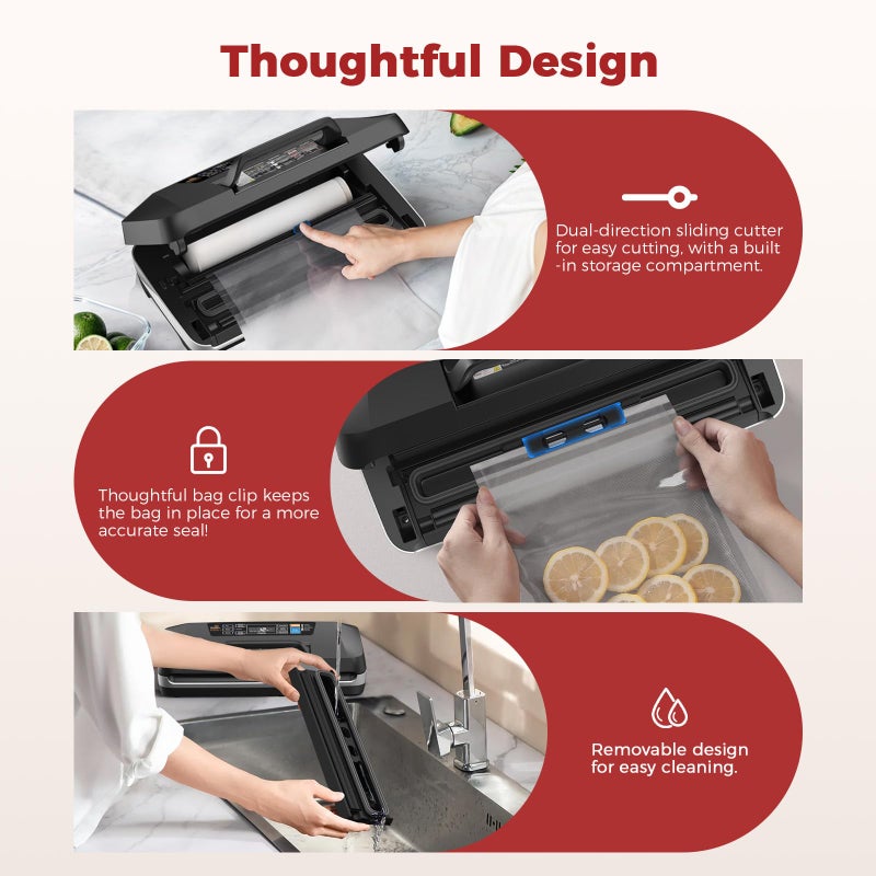 ROUUO Commercial 95kPa Food Vacuum Sealer Machine | Automatic 10-in-1 Food Sealer for Sous Vide, Meal Prep & Storage | Powerful 230W Motor, Double Heat Seal, Built-in Cutter & Starter Kit - Image 5