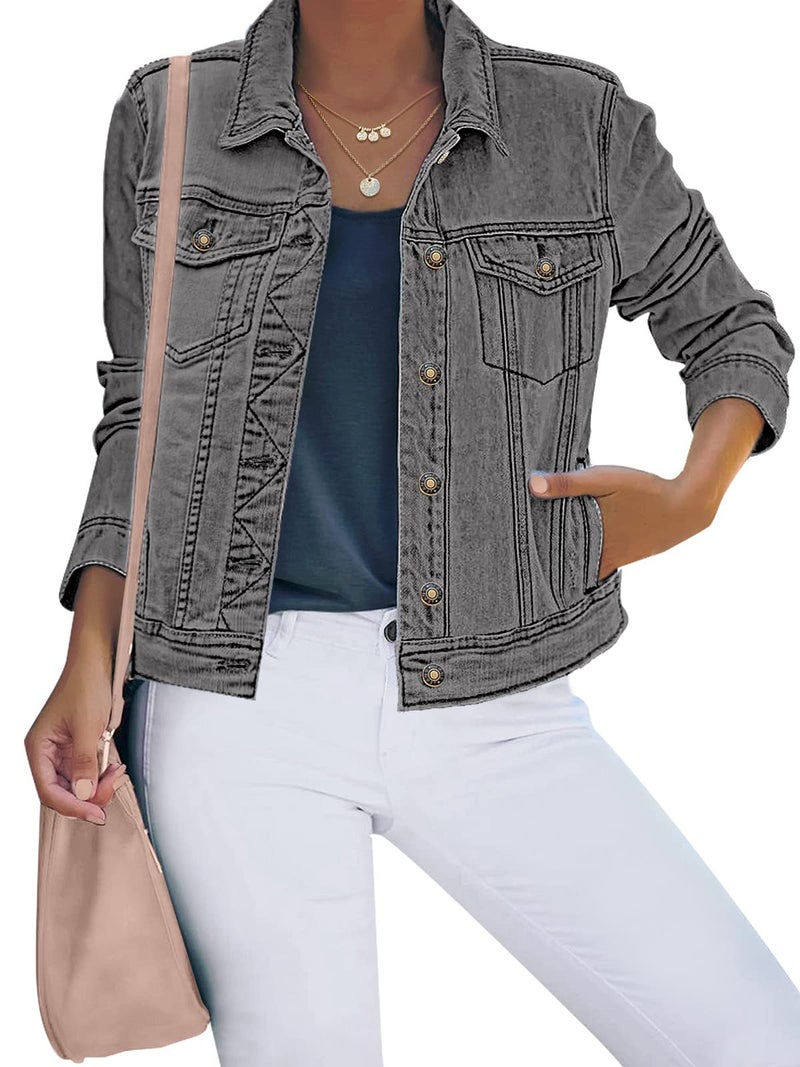 luvamia Women's Classic Casual Long Sleeves Jacket Basic Button Down Trucker Coat Gray Jean Women Denim Jackets for Fashion Size Medium Fits 8 / 10, A (LV-8E-WT-A168_AA-M) - Image 1