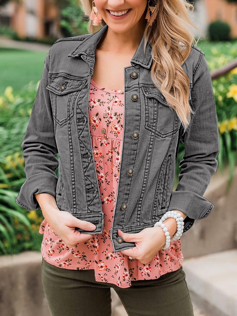 luvamia Women's Classic Casual Long Sleeves Jacket Basic Button Down Trucker Coat Gray Jean Women Denim Jackets for Fashion Size Medium Fits 8 / 10, A (LV-8E-WT-A168_AA-M) - Image 5