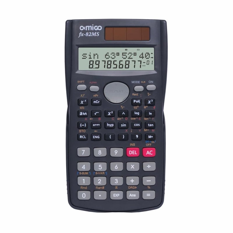 Amigo fx-82MS Scientific Calculator, 2 Line Display, LCD Display with Solar Power (Black) - Image 1