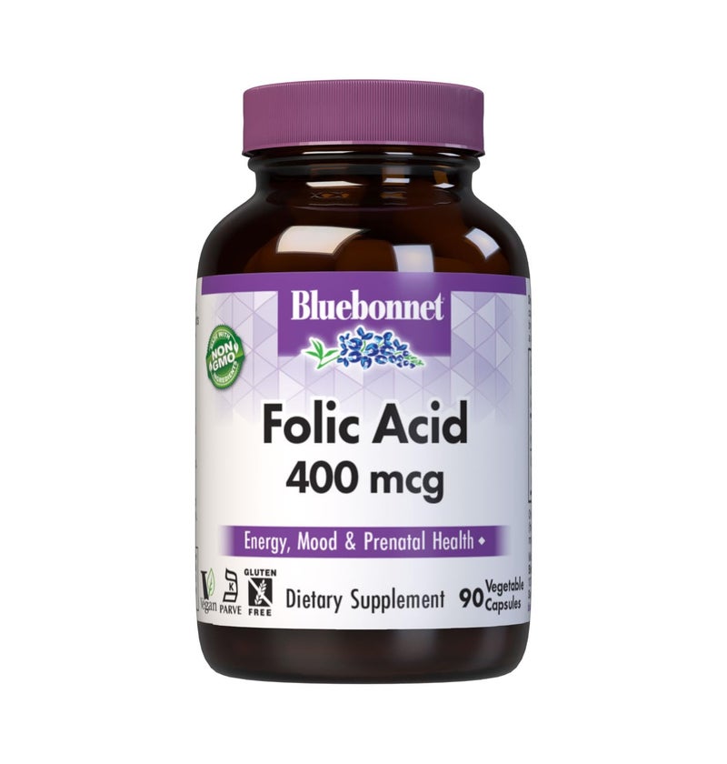 Bluebonnet Nutrition Folic Acid 400 mcg, Prenatal & Postnatal Health*, Non-GMO, Vegan, Kosher Certified, Gluten-Free, Soy-Free, Dairy-Free, 90 Vegetable Capsules, 90 Servings - Image 1