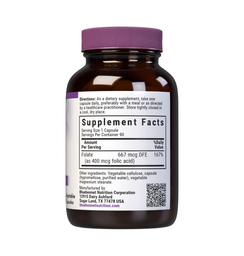 Bluebonnet Nutrition Folic Acid 400 mcg, Prenatal & Postnatal Health*, Non-GMO, Vegan, Kosher Certified, Gluten-Free, Soy-Free, Dairy-Free, 90 Vegetable Capsules, 90 Servings - Image 3