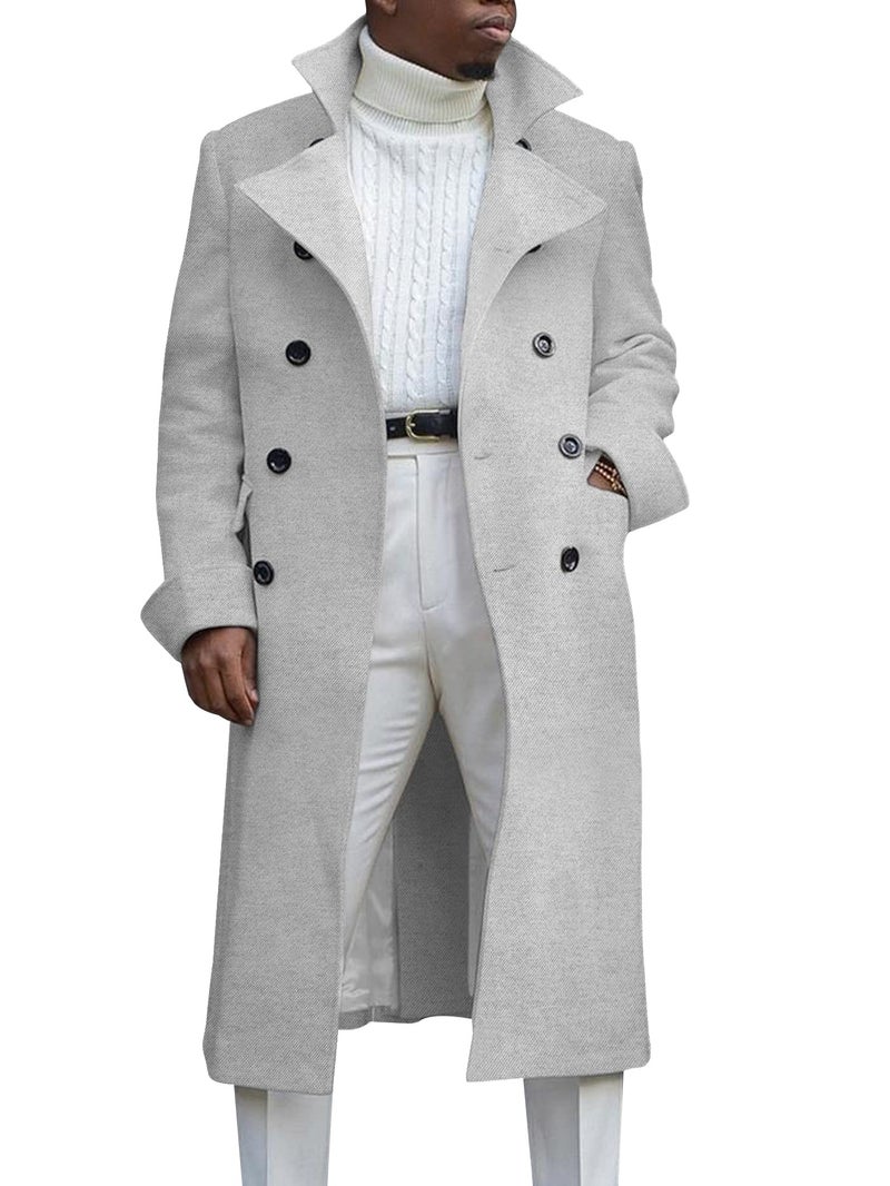 Ebifin Men's Notch Lapel Double Breasted Long Trench Coat Casual Cotton Blend Peacoat - Image 1