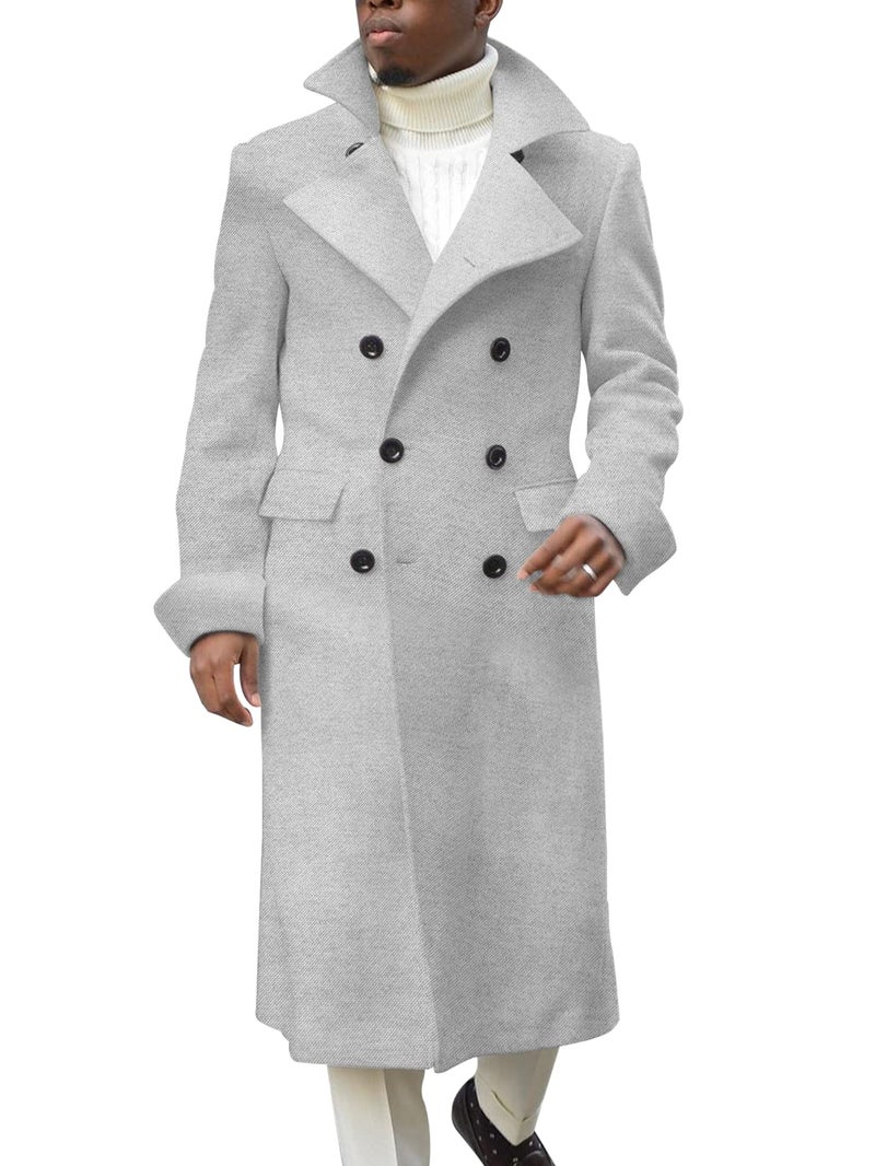 Ebifin Men's Notch Lapel Double Breasted Long Trench Coat Casual Cotton Blend Peacoat - Image 4