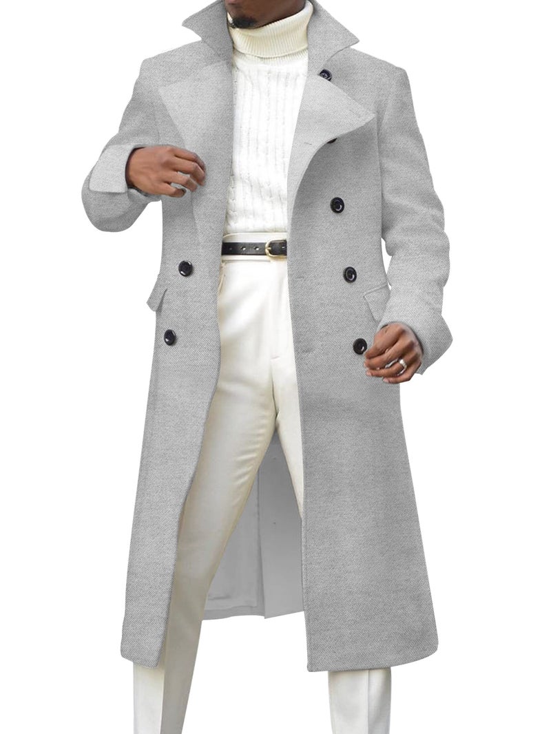 Ebifin Men's Notch Lapel Double Breasted Long Trench Coat Casual Cotton Blend Peacoat - Image 2