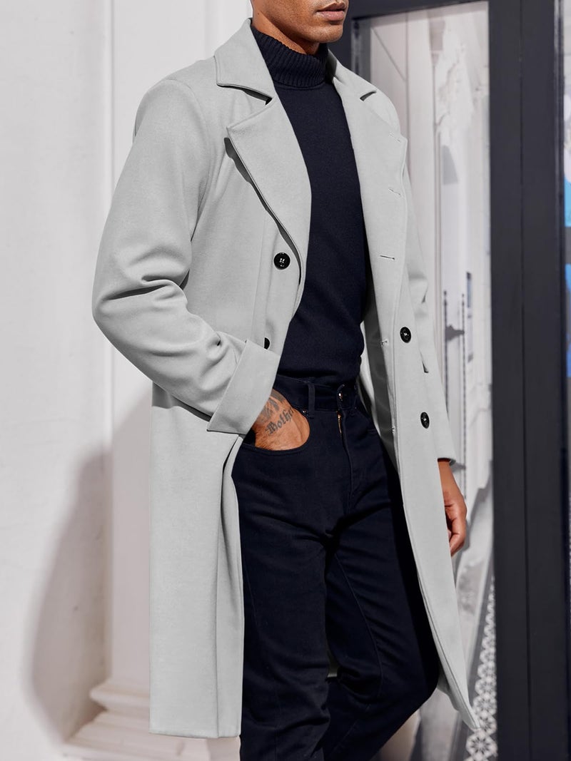 Ebifin Men's Notch Lapel Double Breasted Long Trench Coat Casual Cotton Blend Peacoat - Image 3