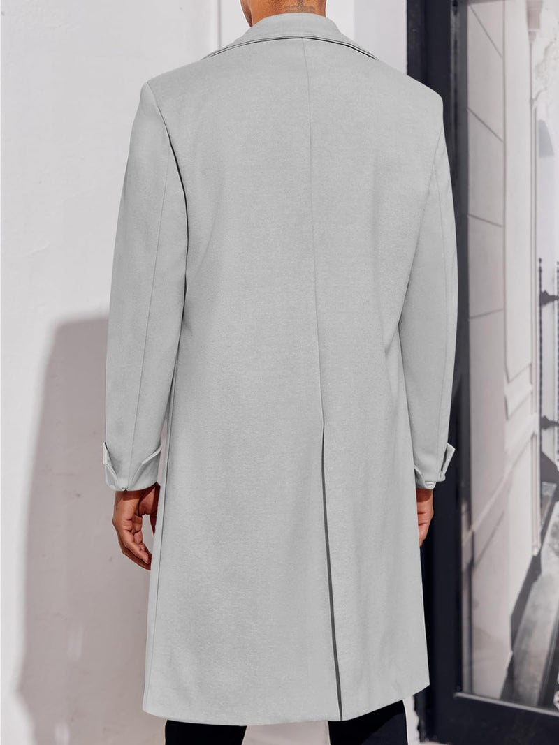 Ebifin Men's Notch Lapel Double Breasted Long Trench Coat Casual Cotton Blend Peacoat - Image 5