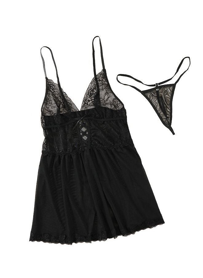 NIBEMINENT Cross Front Detail Lace And Mesh Babydoll Dress 