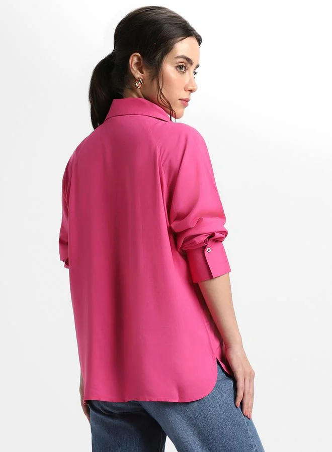 دينيس لينغو Solid Relaxed Fit Shirt with Concealed Placket by Styli