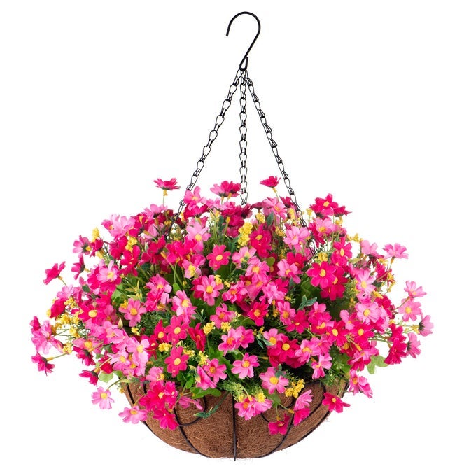 Artificial Hanging Flowers in Basket for Patio Garden Porch Deck Spring Summer Decoration Artificial Daisy ArrangementFake Plants in 12 inch Coconut Lining Basket for OutdoorIndoorPink