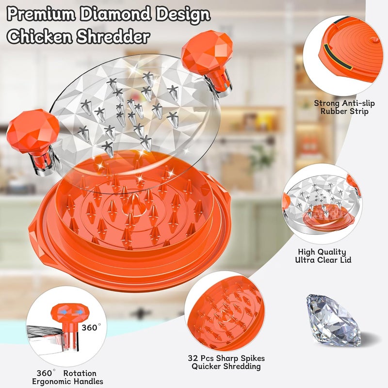 Beiyunee Chicken Shredder Tool Twist Large with Brush, 10" Pro Visible Kitchen Meat Shredder Grinder Machine, Strong Anti-Slip Base, Ergonomic Handle, BPA Free, Suitable for Steak Pork Chicken Breast (Orange) - Image 2