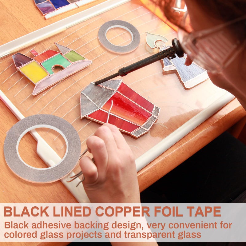 Innconee 5 Pcs Black Backed Copper Foil Stained Glass Black Lined Foil Copper 3 Sizes for Stained Glass Set Hand Foiler Supplies Craft Art Tools(3/16, 7/32, 1/4in X 108ft) - Image 3