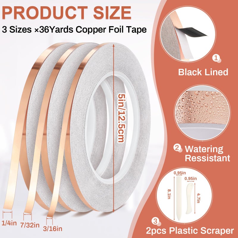 Innconee 5 Pcs Black Backed Copper Foil Stained Glass Black Lined Foil Copper 3 Sizes for Stained Glass Set Hand Foiler Supplies Craft Art Tools(3/16, 7/32, 1/4in X 108ft) - Image 2