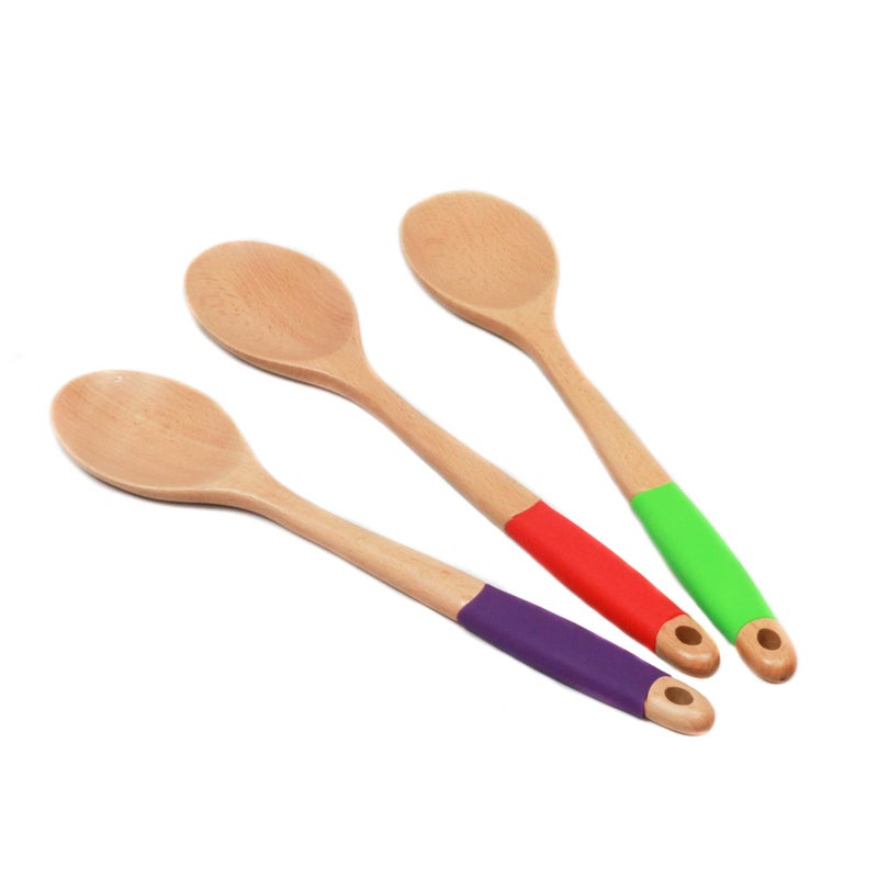 Chef Craft Premium Silicone Handle Wooden Spoon Set 14 inch Rainbow