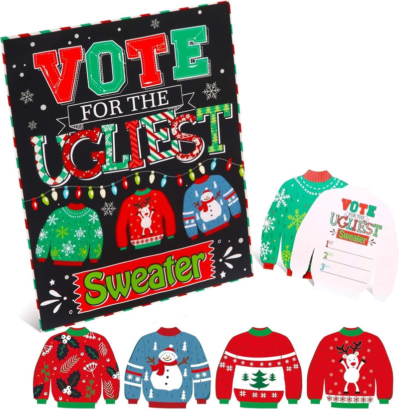 klarako 52 Pieces Ugly Sweater Party Voting Cards Ugly Sweater Holiday Christmas Party Game Xmas Party Decorations for Winter Christmas New Year Party Supplies - Image 1