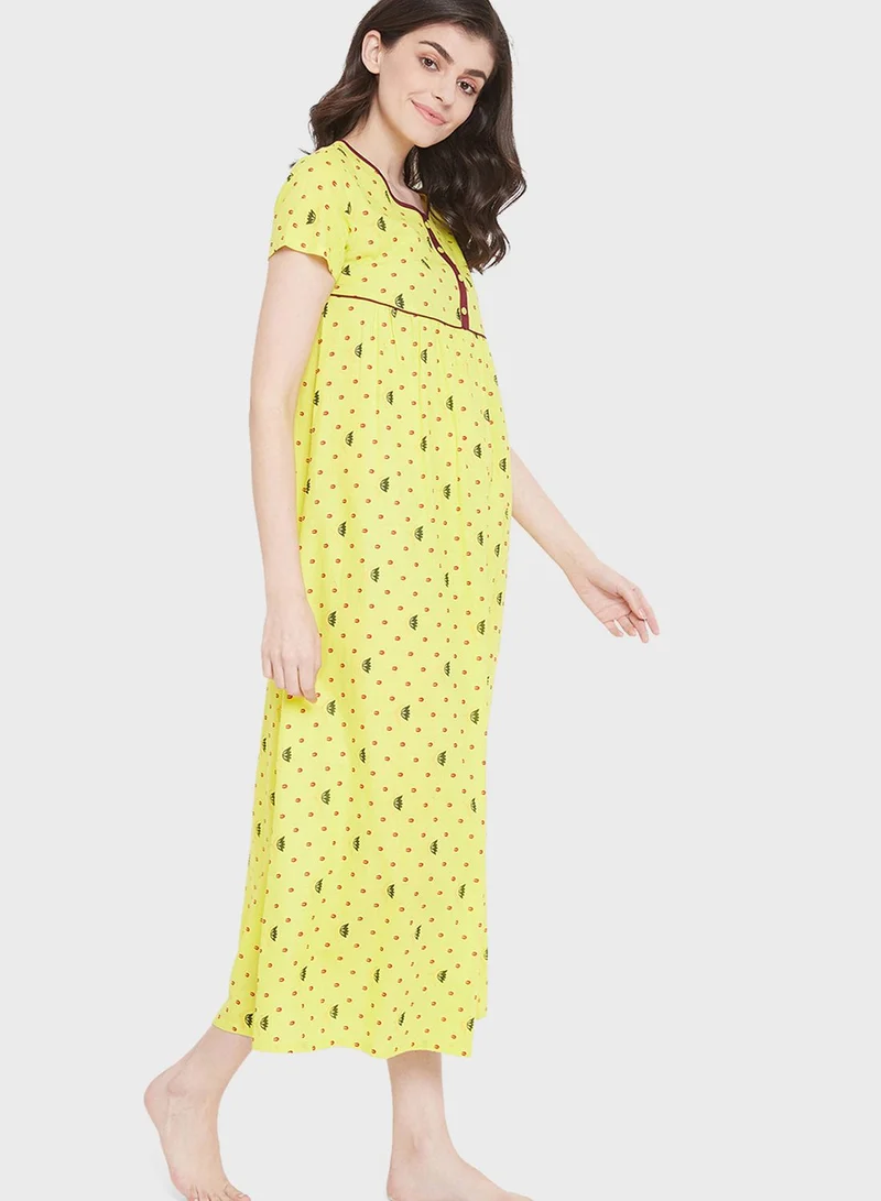 Clovia Print Me Pretty Long Nighty - Rayon