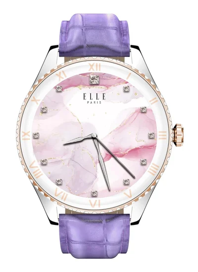 ELLE Elle Soleil Women’s Smartwatch 1.19'' AMOLED, Bluetooth Calling, Multilingual, Wireless Charging, Fitness Tracking, IP68, iOS/Android Compatible, Silver Frame & Purple Leather Starp + 2 Premium Straps