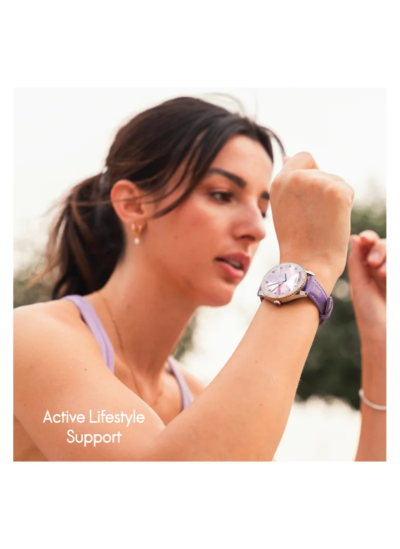 ELLE Elle Soleil Women’s Smartwatch 1.19'' AMOLED, Bluetooth Calling, Multilingual, Wireless Charging, Fitness Tracking, IP68, iOS/Android Compatible, Silver Frame & Purple Leather Starp + 2 Premium Straps