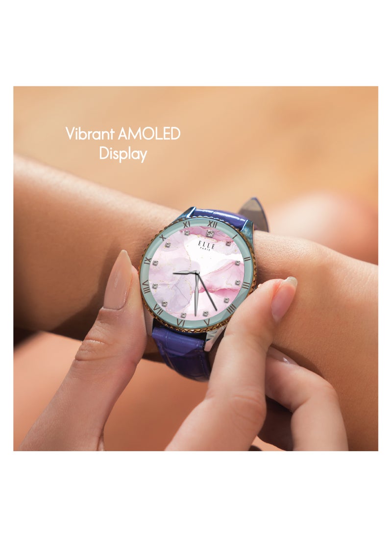 ELLE Elle Soleil Women’s Smartwatch 1.19'' AMOLED, Bluetooth Calling, Multilingual, Wireless Charging, Fitness Tracking, IP68, iOS/Android Compatible, Silver Frame & Purple Leather Starp + 2 Premium Straps  - Image 4