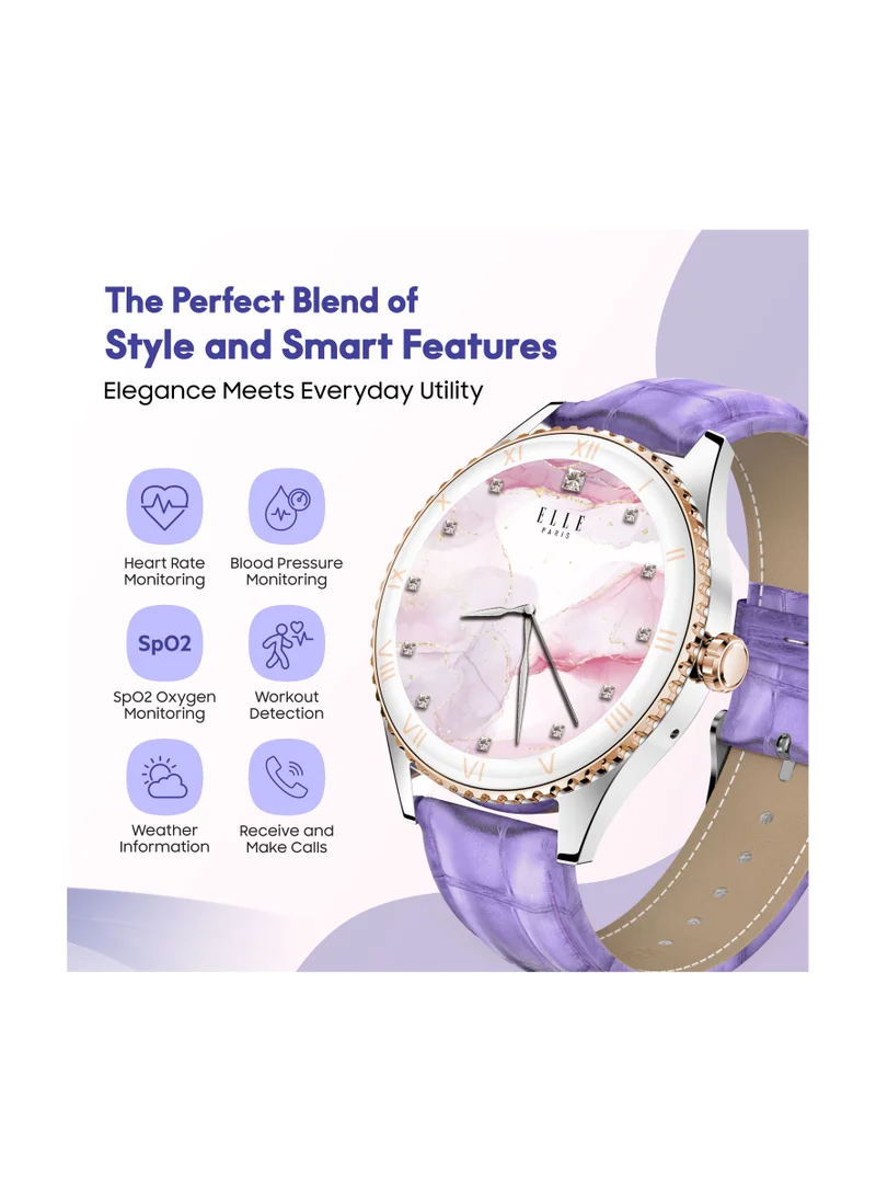 ELLE Elle Soleil Women’s Smartwatch 1.19'' AMOLED, Bluetooth Calling, Multilingual, Wireless Charging, Fitness Tracking, IP68, iOS/Android Compatible, Silver Frame & Purple Leather Starp + 2 Premium Straps