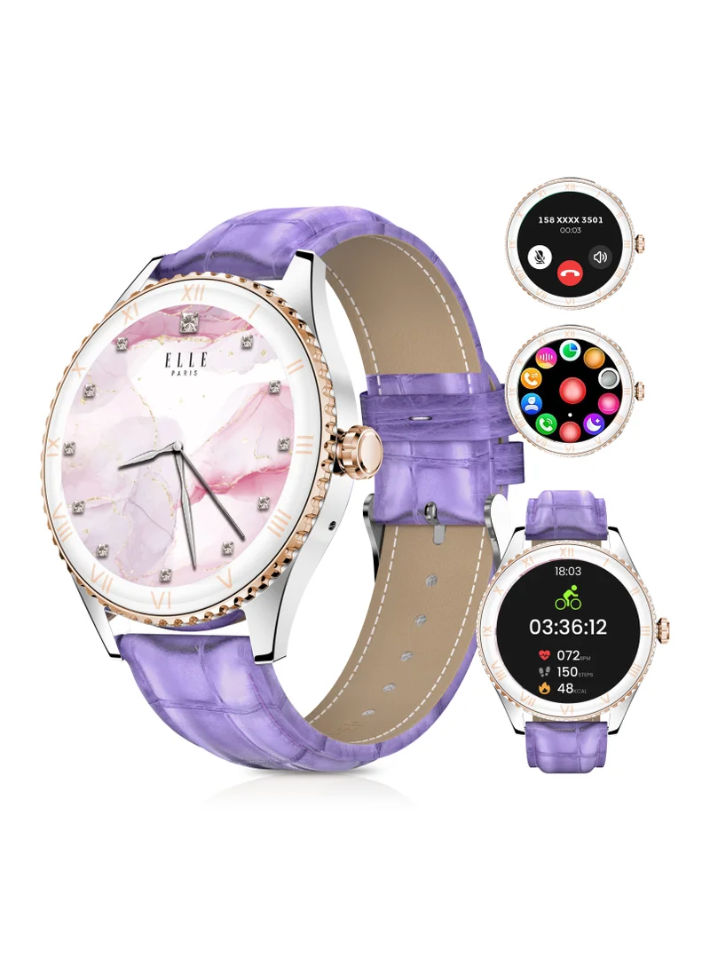 ELLE Elle Soleil Women’s Smartwatch 1.19'' AMOLED, Bluetooth Calling, Multilingual, Wireless Charging, Fitness Tracking, IP68, iOS/Android Compatible, Silver Frame & Purple Leather Starp + 2 Premium Straps