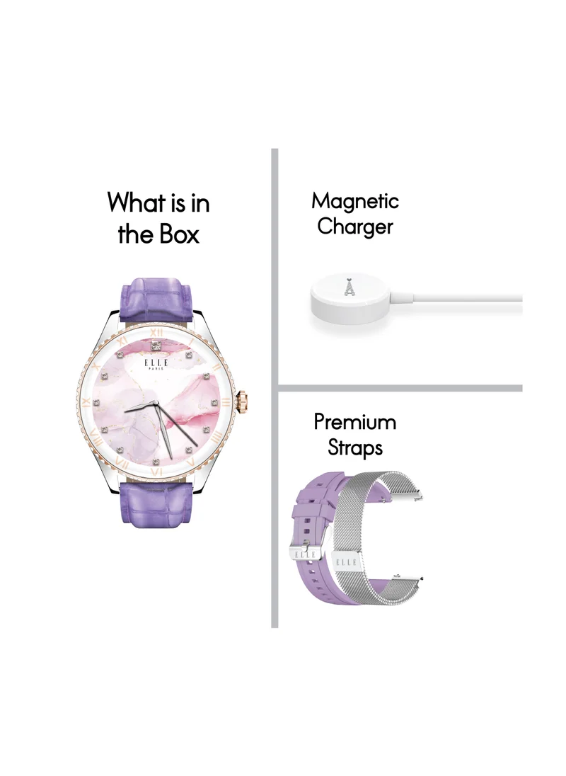ELLE Elle Soleil Women’s Smartwatch 1.19'' AMOLED, Bluetooth Calling, Multilingual, Wireless Charging, Fitness Tracking, IP68, iOS/Android Compatible, Silver Frame & Purple Leather Starp + 2 Premium Straps