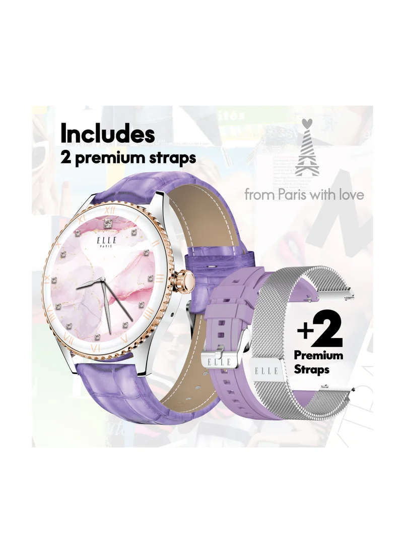 ايل Elle Soleil Women’s Smartwatch 1.19'' AMOLED, Bluetooth Calling, Multilingual, Wireless Charging, Fitness Tracking, IP68, iOS/Android Compatible, Silver Frame & Purple Leather Starp + 2 Premium Straps