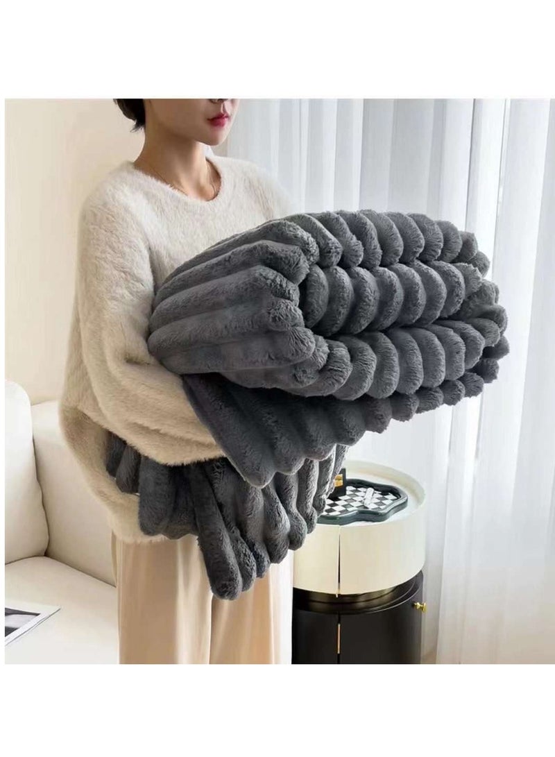 فو بطانية من الفرو سميكة الدافئة شعر الأرنب رمادي أفخم لينة منقوشة رمي 200*230 سنتيمتر ل سرير مزدوج الشتاء غطاء أريكة - Image 1