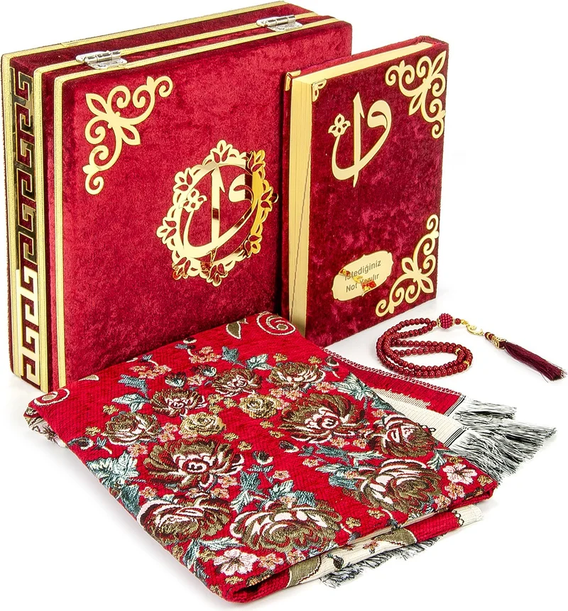 İhvan Online Ihvan Online Velvet Covered Chest Personalized Gift Prayer Mat Quran Set Red