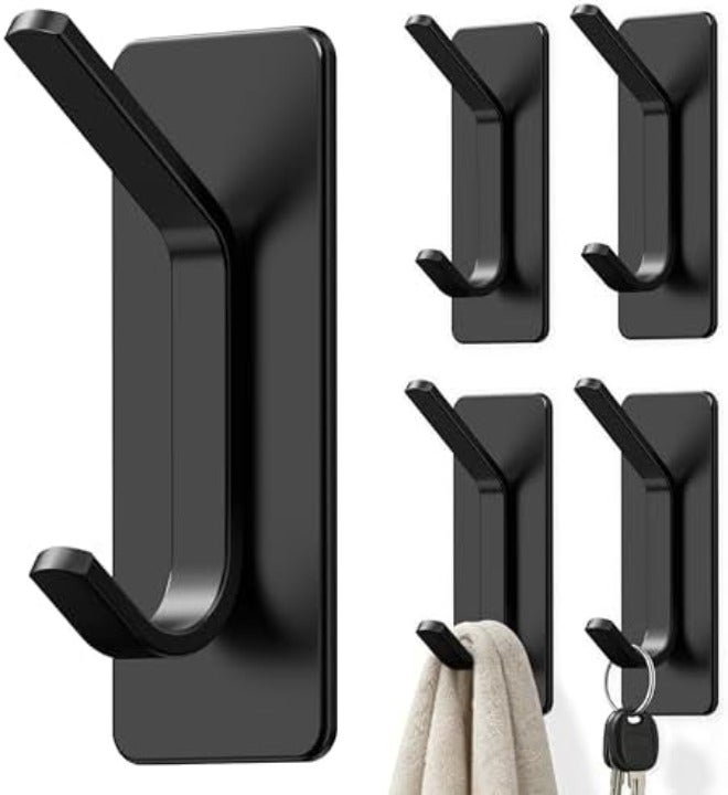 Auxmir Self Adhesive Hooks 15lbs Heavy Duty, 5 Pack Stainless Steel Wall Hooks for Coat Towel Robe, Waterproof Rustproof Oilproof, No Drill Door Hanger for Bathroom Shower Kitchen Office RV, Black - Image 1