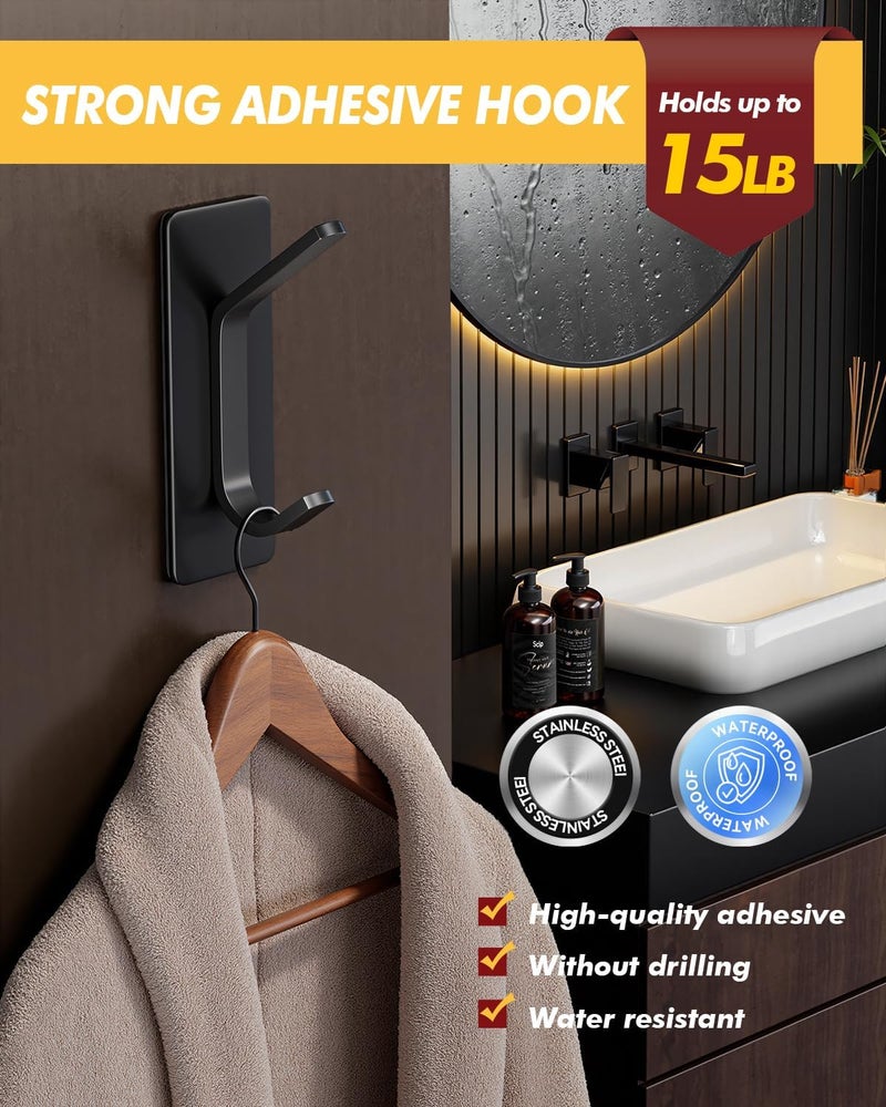 Auxmir Self Adhesive Hooks 15lbs Heavy Duty, 5 Pack Stainless Steel Wall Hooks for Coat Towel Robe, Waterproof Rustproof Oilproof, No Drill Door Hanger for Bathroom Shower Kitchen Office RV, Black - Image 3