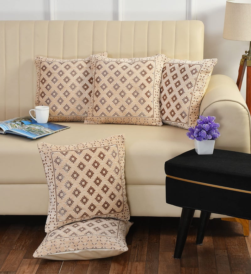 FRESH FROM LOOM 500 Tc Jacquard Soft Velvet Cushion Covers | Hypo-Allergenic | Washable | Non-Fade Diwan Sofa Pillow Covers for Home (Size - 16 X16 Inch, Color - Beige) - Set of 5pc, 240 TC - Image 1