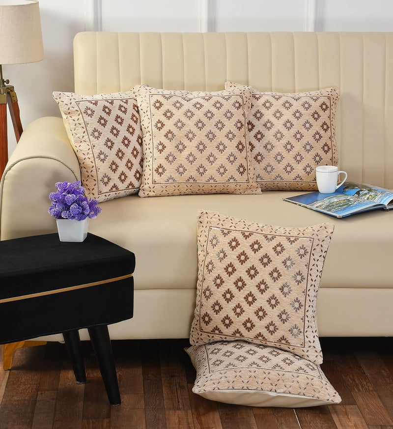 FRESH FROM LOOM 500 Tc Jacquard Soft Velvet Cushion Covers | Hypo-Allergenic | Washable | Non-Fade Diwan Sofa Pillow Covers for Home (Size - 16 X16 Inch, Color - Beige) - Set of 5pc, 240 TC - Image 4