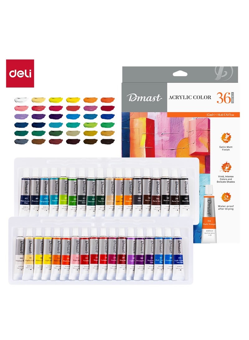 Deli EC331-36 Acrylic Color - 36 Colors, Satin Matt Finish, 12ml
