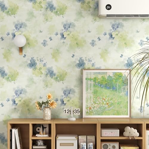 tiltil Peel and Stick Wallpaper Vintage Floral Blue and Green Contact Paper Boho 17.7"x78.8" Self Adhesive Wallpaper Removable Modern Decorative Wall Paper for Bedroom Countertops Cabinet Decor Vinyl Roll - Image 1