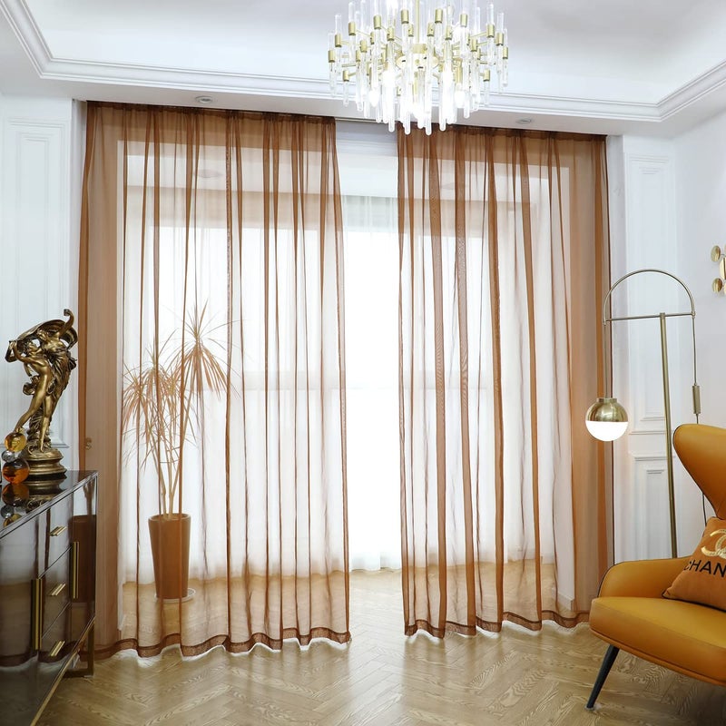 PHILEASY Window Sheer Brown Curtains 84 Inches Long 2 Panels Sheer Brown Curtains Sheer Curtain Clear Transparent Basic Rod Pocket Panel 15 Colors 10 Size for Bedroom Living Room Yard Kitchen