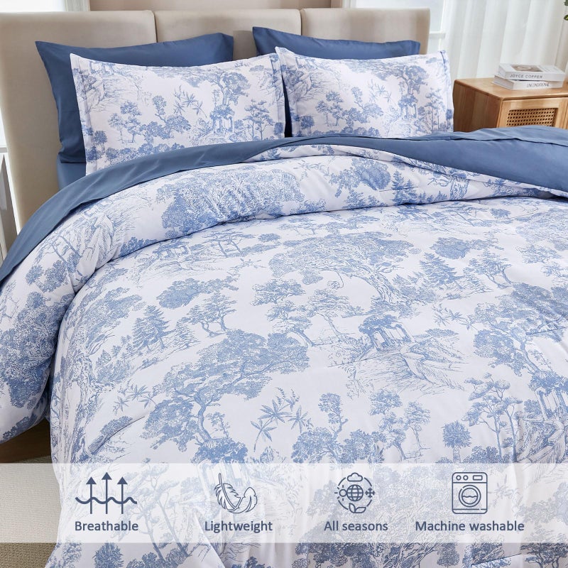 DJY Blue Comforter Set Full, 7 Pieces Full Size Flower Comforters with Sheets Elegant Plants Print Bed in a Bag Soft Microfiber Reversible Complete Bedding Sets for All Season - Image 3
