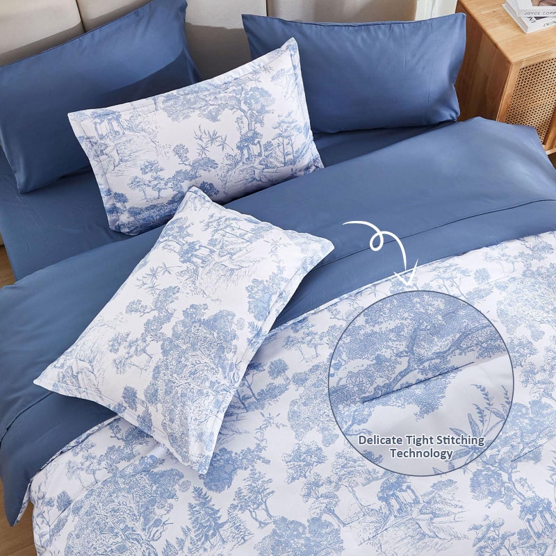 DJY Blue Comforter Set Full, 7 Pieces Full Size Flower Comforters with Sheets Elegant Plants Print Bed in a Bag Soft Microfiber Reversible Complete Bedding Sets for All Season - Image 4