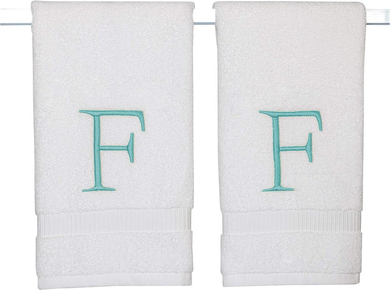 Decorvo منشفة اليد monogrammed teal monogrammed للحمام - جودة الفندق الأولية مزخرفة منشفة فاخرة للمسحوق للسبا - Gots Organic Certified - مجموعة من أحرف 2  - Image 1