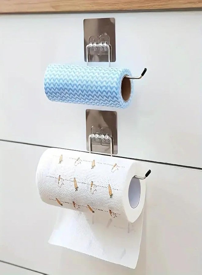 ROMILAS Pack of 2 Stainless Steel Self Adhesive Napkin Ring Wall Mount Towel Hanging Holder with Magic Adhesive Pad Kitchen Paper Roll Holder Tissue Paper Stand Towel Bar Hanger Kitchen - Image 1