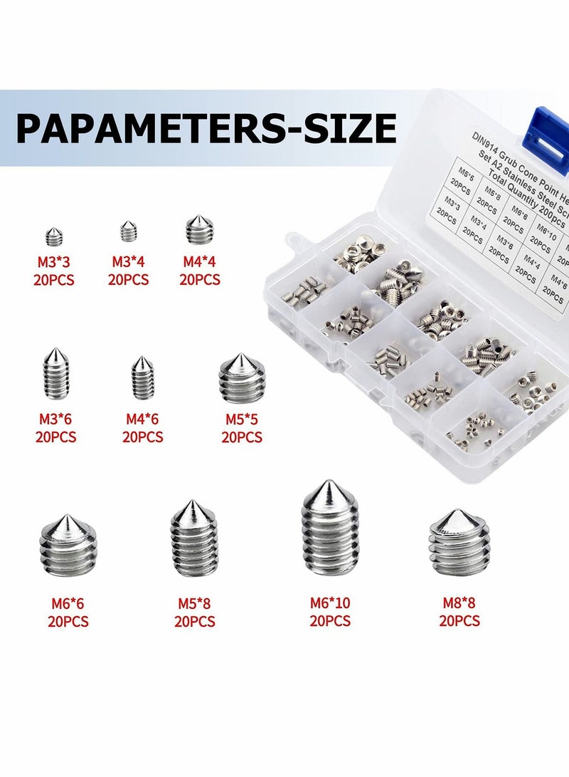 Stainless Steel Grub Cone Point Hex Socket Screws Set, 200 Pcs Metric Thread Allen Key Cup Screw Set with M3 M4 M5 M6 M8 - Image 2