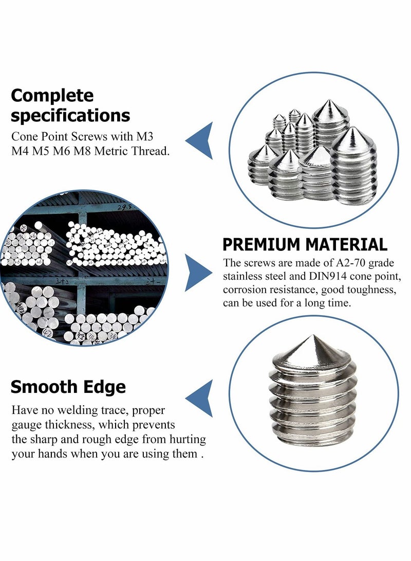 Stainless Steel Grub Cone Point Hex Socket Screws Set, 200 Pcs Metric Thread Allen Key Cup Screw Set with M3 M4 M5 M6 M8 - Image 3
