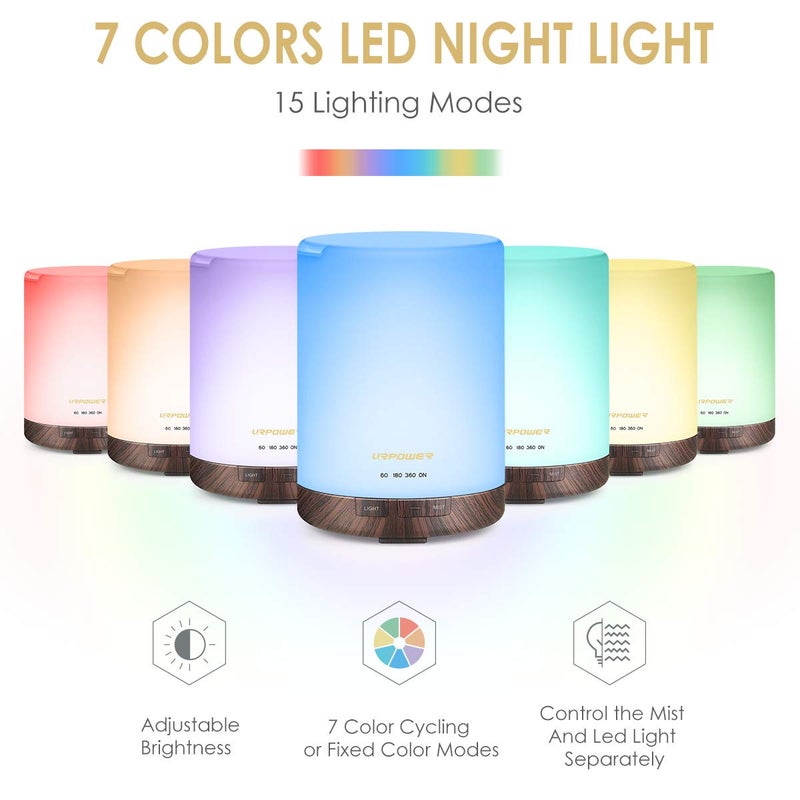URPOWER 2nd Gen 300ml Aroma Essential Oil Diffuser Night Light Ultrasonic Air Cool Mist Humidifier with AUTO Shut Off and 6-7 Hours Continuous Diffusing and 4 Timer Settings for Home Office Yoga Spa - Image 2
