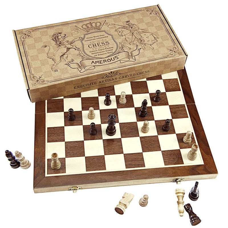 AMEROUS Chess Set 15x15 Folding Magnetic Wooden Standard Chess Game Board Set with Wooden Crafted Pieces and Chessmen Storage Slots - Image 3
