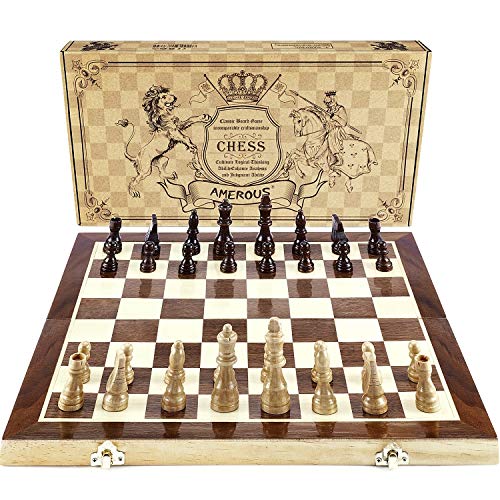 AMEROUS Chess Set 15x15 Folding Magnetic Wooden Standard Chess Game Board Set with Wooden Crafted Pieces and Chessmen Storage Slots - Image 1