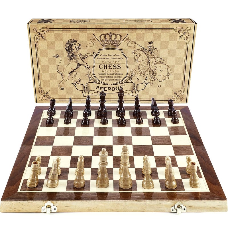 AMEROUS Chess Set 15x15 Folding Magnetic Wooden Standard Chess Game Board Set with Wooden Crafted Pieces and Chessmen Storage Slots - Image 2