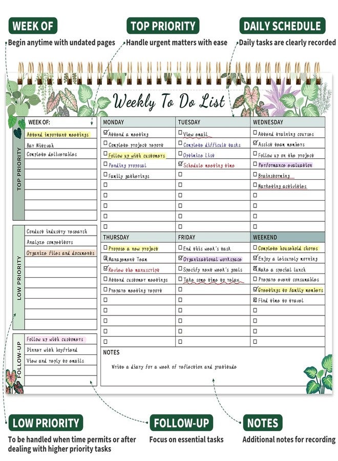 ALKALO 104 Pgs Weekly To Do List Notepad, 52 Duplex-Printed Undated Sheets 100 GSM（8.5"×11") Weekly Desk Planner For Work Home School Office Desk Accessories Supplies & Goal Setting Tasks - Green Foliage - Image 2